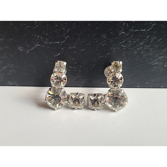 Prong Set Clear Rhinestone Screwback Earrings Vintage - Picture 5 of 10